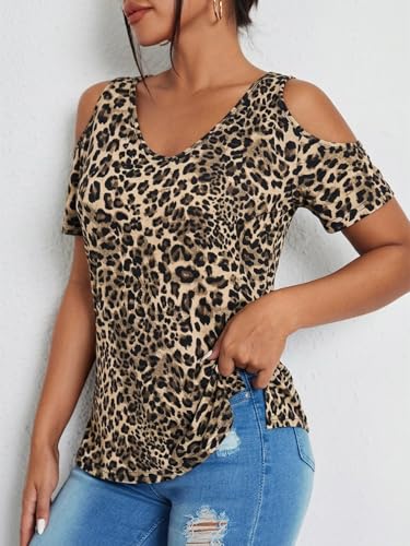 Image of RoseSeek Women's Camo Leopard Cold Shoulder T Shirts Summer Camouflage Tops