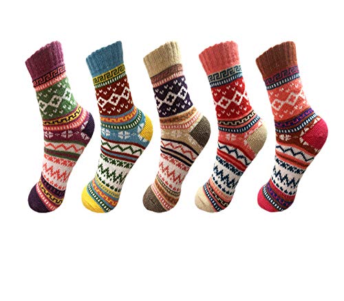 Women Winter Socks 5 Pairs Womans Socks Gift Box Vintage Warm Soft Thick Knit Wool Multicolor Socks Free Size Socks Gifts (Multi Color 14)