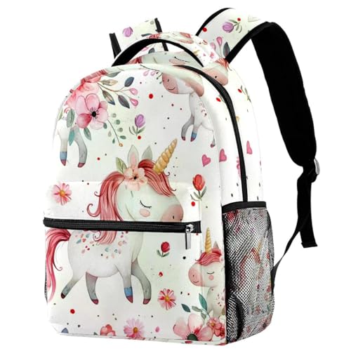 Sac à dos Licorne et fleurs multicolore avec porte-bouteille pour école et voyage taille unique