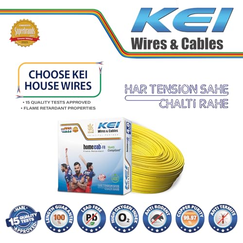Image of KEI WIRES & CABLES Homecab 4 sqmm 1 Core Copper Flame Retardant House Wire PVC Insulated Cable for Domestic & Industrial Electrical Wiring (Yellow, 90 Meters)