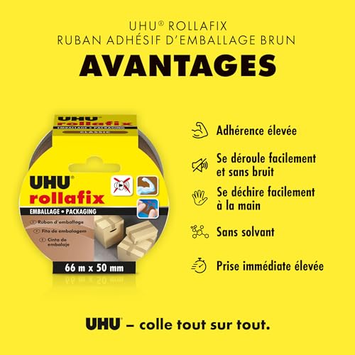 UHU Rollafix Packaging Tape Brown 3 x 66m x 50mm, 3 x 66m Brun - Image 2