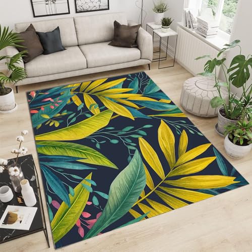 Tapis de salon antidérapant à poil ras doux motif feuilles de jungle - 2
