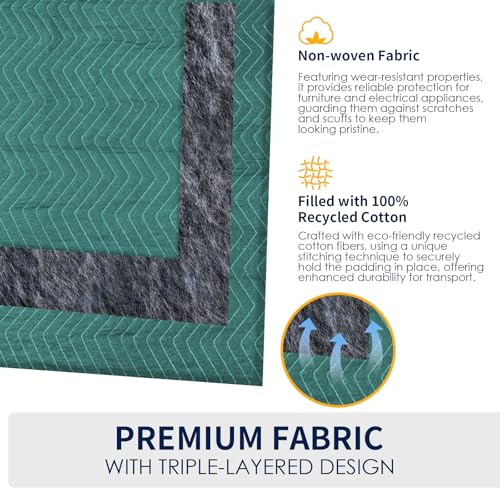 Image of Moving Blankets 4 Pack, Double Extra Large 144 inchx80 inch Heavy Duty Quilted Packing Blankets for Moving, Shipping & Storage, Professional Furniture Pads -Green & Gray