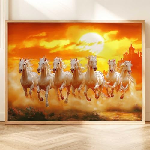 Image of HOTHOUSE Seven Running Vastu Lucky Horse Rising Sun Painting Wall Decor | 7 Horses Vastu Frame Wall Art Painting for Living Room Bedroom Office Home Decor Size (13X17 inch)