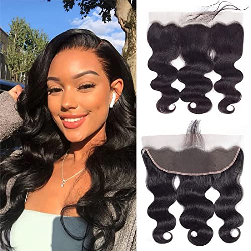 DMS 12A Human Hair Body Wave Transparent Lace Frontal Closure 13x4 Ear to Ear Lace Front Closure for Black Women Pre Plucked Body Wave Hair Natural Black Color (16 inch)