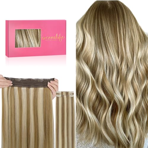 Image of WENNALIFE Wire Hair Extensions Real Human Hair 20 inch 140g Ash Brown with Platinum Blonde Highlights Remy Hair Invisible Transparent Wire Straight Reusable Natural Easy to Apply Reusable for Volume