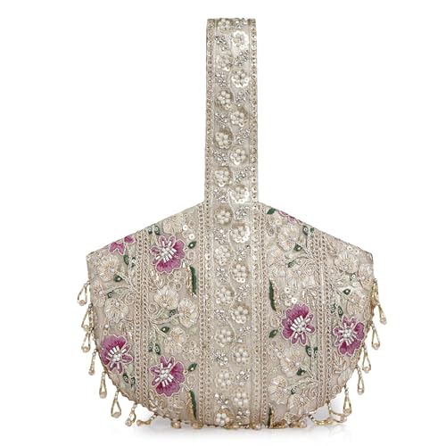 Image of Nevis Stylish Embroidery Unique Design Traditional Wedding Party Handheld Potli Bag for Women (Gold)