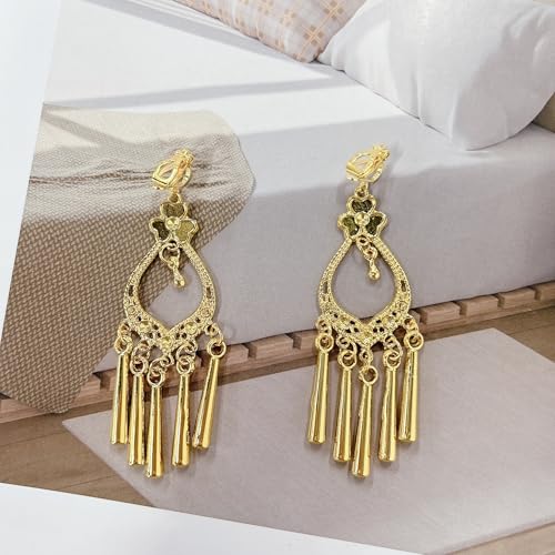 Aretes étnicos dorados con clip y borlas largas miniatura 4