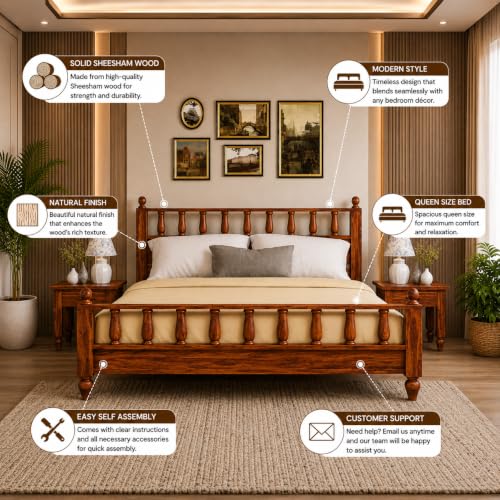 Image of Sheesham Wood Bed Queen Size Wooden Double Bed Cot Furniture for Bedroom Home and Hotel Queen Size cot 1 Year Warrenty(Honey Finish, Queen)