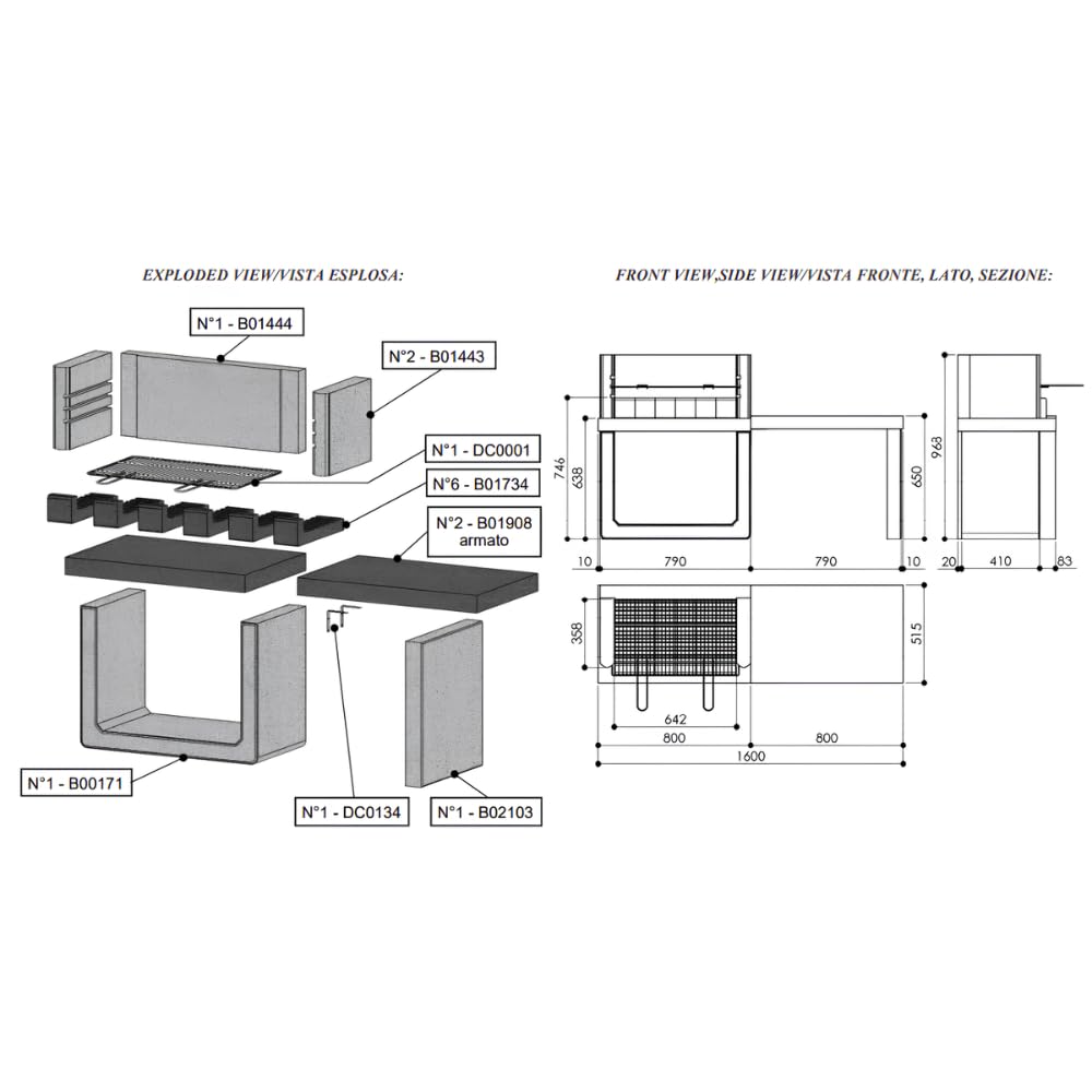 SAROM Porto New, Barbecue in Calcestruzzo Alleggerito con Tavolo Laterale Integrato, Griglia Cromata 67x40 cm, 3 Altezze Regolabili, Safe Grill, 160x51,5x96,8 cm, 259 kg