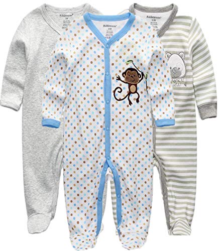 Kiddiezoom Lot de 3 pyjamas grenouillères unisexes en coton pour bébé garçon et fille, 9- 12 mois