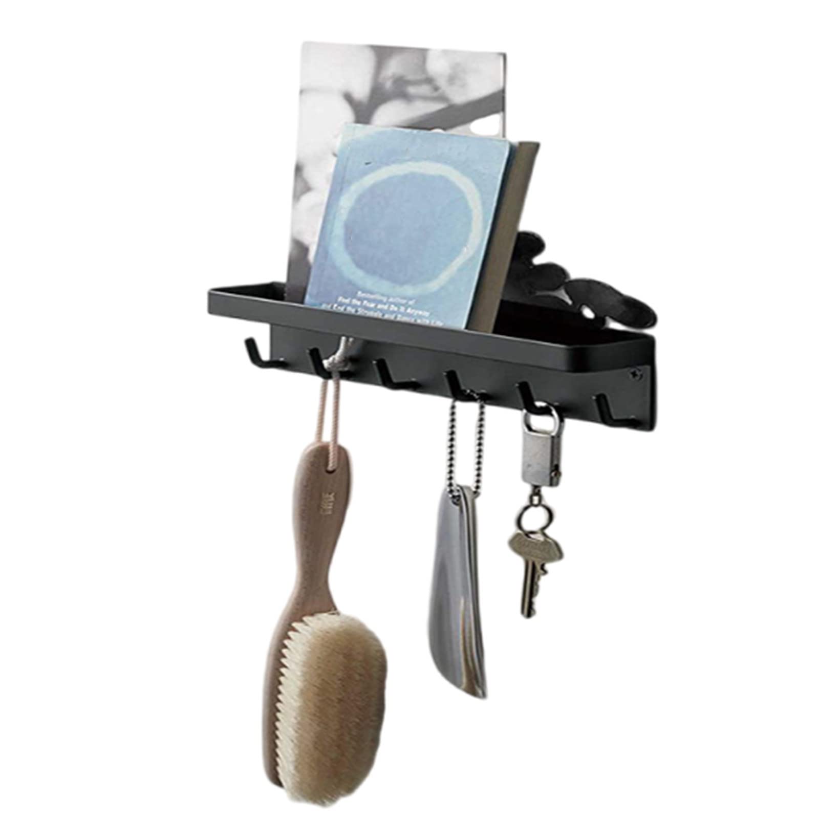 Multifunktionale No-Punch-Haken mit Tablett – sechs Reihen mit Kleidung, Schlüsseln, Mänteln, Küchentüchern und Badezimmer-Garderobenhaken – Aufbewahrungshaken für Zuhause,Black