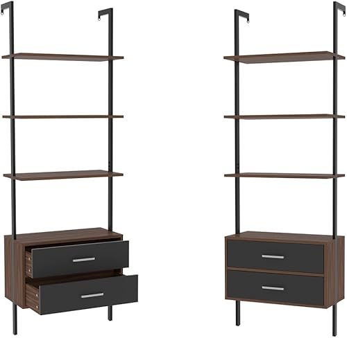 Miniatura 7 de LyuHome Juego de 2 estantes de escalera para montar en la pared estantería moderna de 5 niveles con cajones estantería de metal y madera con armario