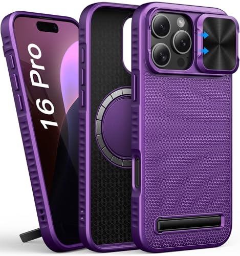 BXYJY for iPhone 16 Pro Magnetic Case Slim with Camera Cover, Built-in Kickstand, Compatible with MagSafe, Military-Grade Protection, Silicone Men Women Girls Phone Case for iPhone 16 Pro, Dark Purple