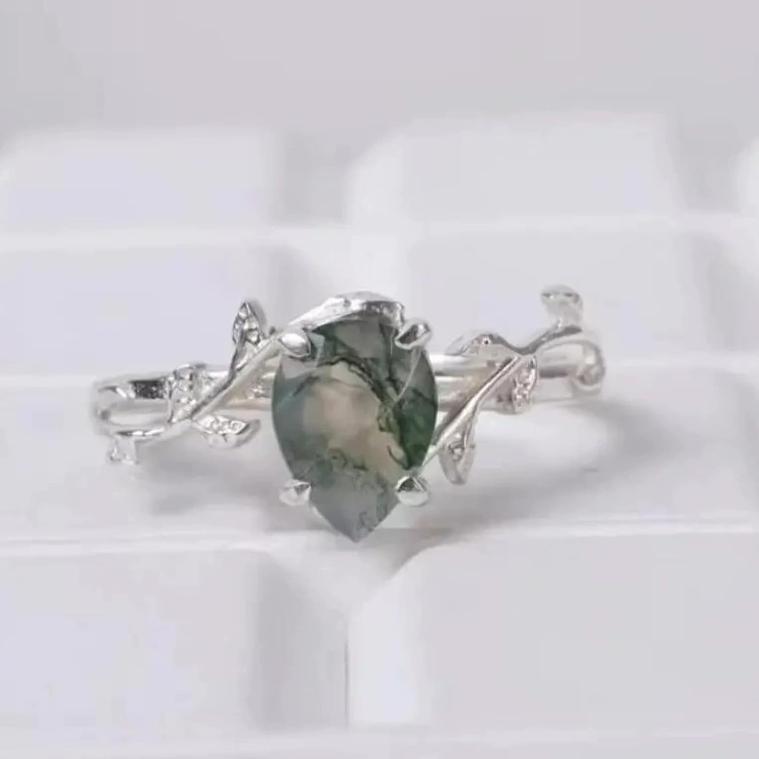 HUASAI Moss Agate Rings for Women Silver Green Moss Agate Ring Engagement Rings Statement Jewelry Gifts - Image 7