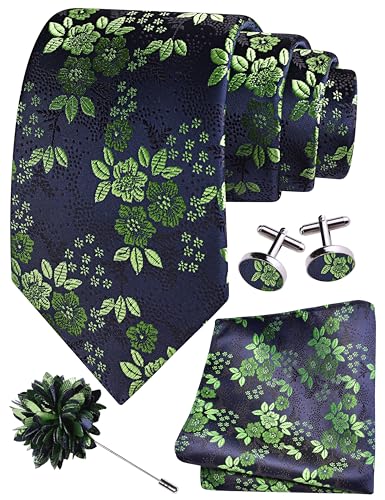 Image of GUSLESON 3.15 inch(8cm) Mens Floral Tie and Lapel Pin Necktie Hankerchief Cufflinks Set for Men