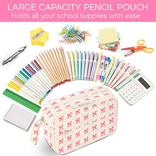 Image of WOBAGMEN Cute Pencil Case,Large Corduroy Zippered Pencil Case Pouch, aesthetic Pencil Bag with Compartments, Pencil Pouch School Supplies (HY-corduroy pc-pink bow)