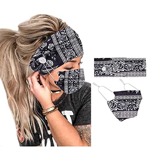 CAKURE Boho Headbands with Buttons Wide Turban Headband Mask Set African Head Wraps Hair Accessories for Women and Girls Pack of 2