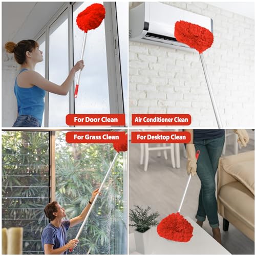 Image of Ceiling Fan Cleaner Duster High Ceiling Extended Fan Blade Cleaner from 13 to 50 Inch Reusable Microfiber Ceiling Fan Duster with Extension Handle for Furniture Bookshelves Wall Door (Red)