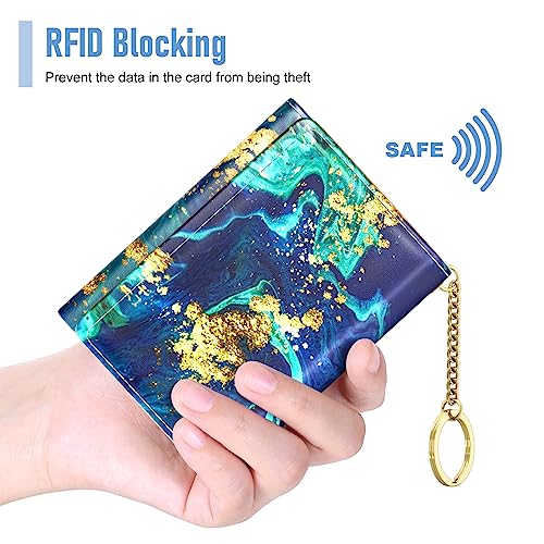 Image of Rouidr Womens Wallet, Small Slim RFID Card Wallets for Women, Cute Front Pocket Trifold Leather Card Organizer with 7 Slots & ID Window, Ocean Teal Marble