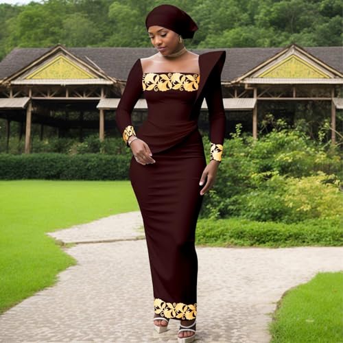 Image of African Dresses for Women High Waist Embroidery Elegant Traditional Midi Dress with Headscarf