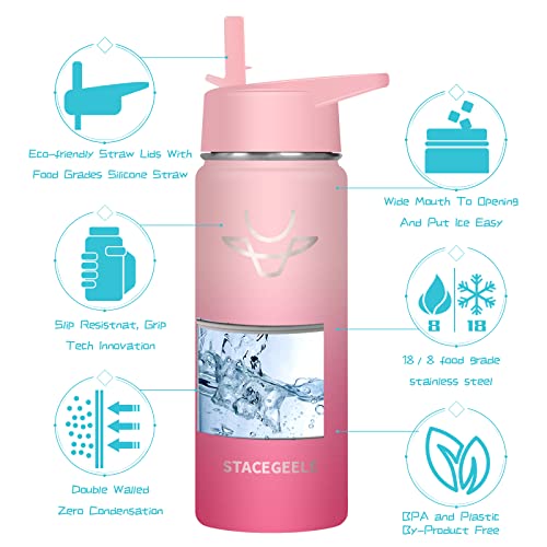 Stacegeele Insulated Vacuum Water Bottle For Kids With Straw Lid Stainless Steel Flask Thermos For Boys And Girls Leak Proof Lightweight Eco Friendly 18Oz(550Ml),Sweat Peach #TOP2