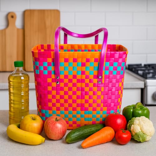 Image of Hand Made Multipurpose Plastic Basket with Lid | Eco-Friendly, Washable, Rust-Free Storage Basket for Kitchen, Picnic, Toys, Travel, Office | Lightweight basket (Orange with yellow, L)