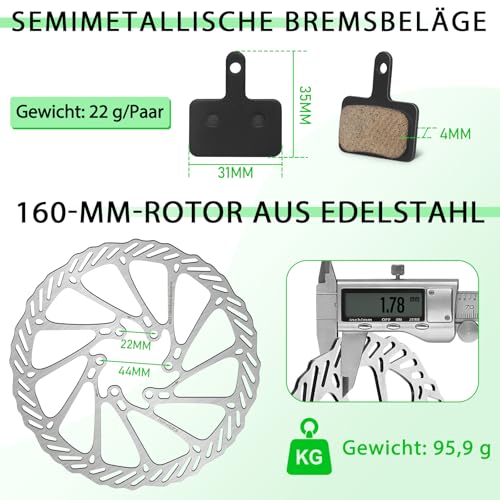 AEYINO Mountainbike-Scheibenbremsensatz, mechanische MTB-Scheibenbremsen mit Aluminiumhebel / 160 mm Rotor/is/PM für E-Bikes/Klappräder/Roller/Fatbikes