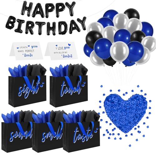 Addblu 5 Senses Gift Bags for Him with Labels Tissue Paper And Handles 12.6X8.7X4 Includes Birthday Decoration Banner Balloons Rose Petals & Cards for Him or Her Husband or Boyfriend (Black with blue lettering)