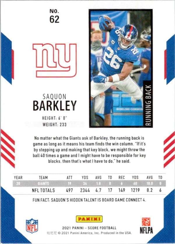 2021 Score #62 Saquon Barkley New York Giants NFL Football Trading Card