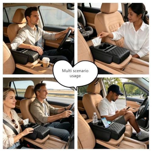 QOOWFEANIG Car Armrest Cushion,5 in 1 Center Console Cover with 2 Cup Holders,Phone Holder, Tissue Holder,Storage Bag,Multifunctional Leather Heightened Car Armrest Cushion for Most Cars (Black) by QOOWFEANIG - Used condition - Image 8