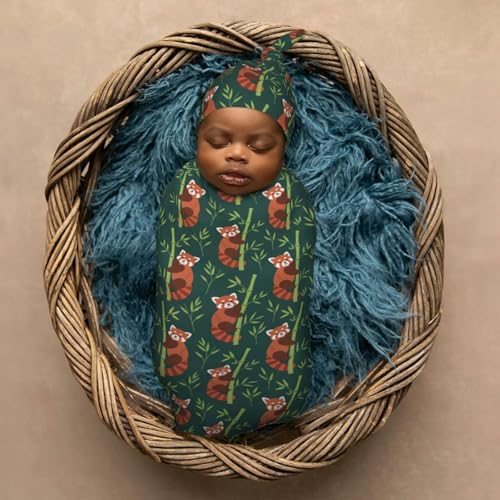 Image of Cute Red Panda Newborn Swaddle Blankets Hat Sets Soft Baby Receiving Blanket Swaddle Sack for Baby Shower Infant Boy Girl Gift