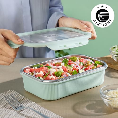 Image of Larah by BOROSIL Freshbyte Food Storage Container with Airtight Stainless Steel Lid | Fridge Container for Lunchbox | Food Grade | Microwave Safe (Green, 800 ml, Rectangular)
