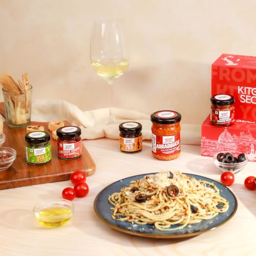 Image of Kitchen Secret Italian Sample Box - 5 Gourmet Sauces - For Pasta, Spaghetti, Pizza, Wraps, Sandwich, No Preservatives, Made with Fresh Quality Ingredients, Taste of Italy