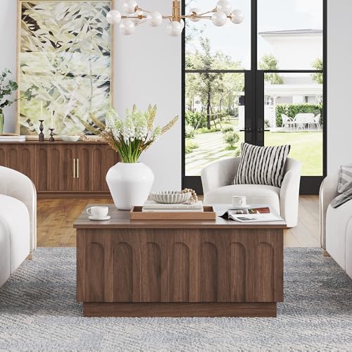 FORTUNETEC Lift Top Coffee Table with Storage, Mid Century Modern Coffee Table with Arched Design, 31.5\" Square Tea Table with Wood Grain, Multifunctional Center Table for Living Room, Office, Walnut - Thumbnail 6