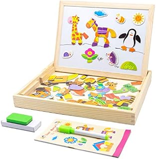 Wooden Magnetic Puzzle Games Jigsaw Animal Pattern Drawing Easel Blackboard Educational Wood Toys for Boys Girls Kids Toddler 3+ Year Olds