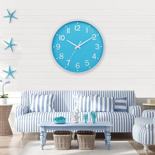 Image of HZDHCLH Wall Clocks Battery Operated,Wall Clock Blue and White 8 inch Wall Clock Silent Non Ticking Modern 3D Numbers for Office Kitchen Classroom Bedroom Living Room Decor
