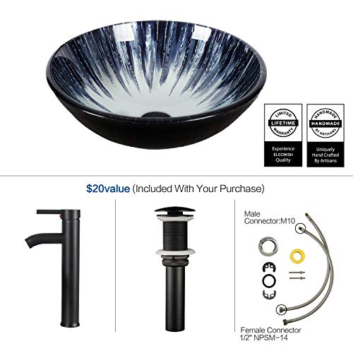 16.5 Inch Bathroom Vessel Sink Bowl and Faucet Combo - Oil Rubbed Bronze Faucet and Pop Up Drain - Tempered Glass