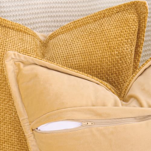 Image of MADIZZ Decorative Chenille Velvet Throw Pillow Covers Set of 2 Soft Boho Textured Neutral Couch Throw Pillow for Bed Modern Farmhouse Home Decor for Sofa Livingroom Yellow 12x20 Inch