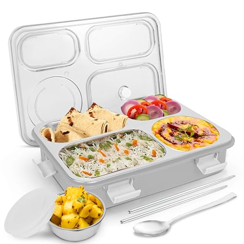 Image of TEKCOOL Lunch Box for Adults - Lunch Box for Kids - with Spoon & Fork - Stainless Steel Lunch Box with 4 Compartment - Durable Perfect Size for On-The-Go Meal, BPA-Free