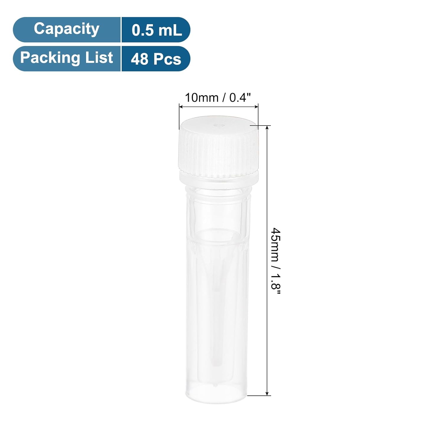 PATIKIL 0.5mL Plastic Cryogenic Vial, 48Pcs Cryogenic Storage Tube Lab Frozen Test Tube Container Storage Screw Cap for Lab Laboratory Science, White Clear