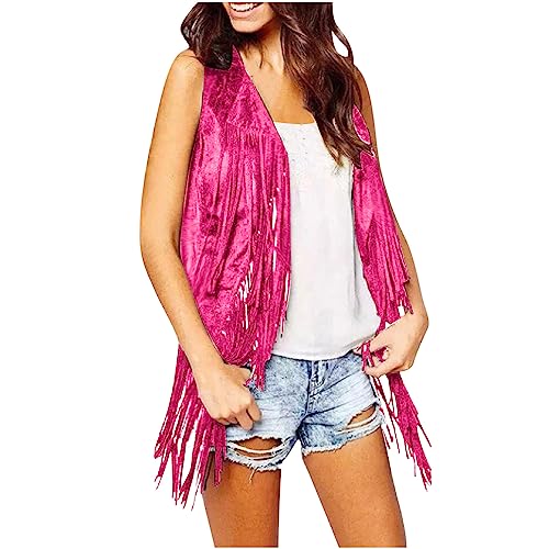 Womens Fringe Vest Coat 70s Hippie Cowgirl Sleeveless Cardigan Western Faux Suede Leather Tassel Outerwear2
