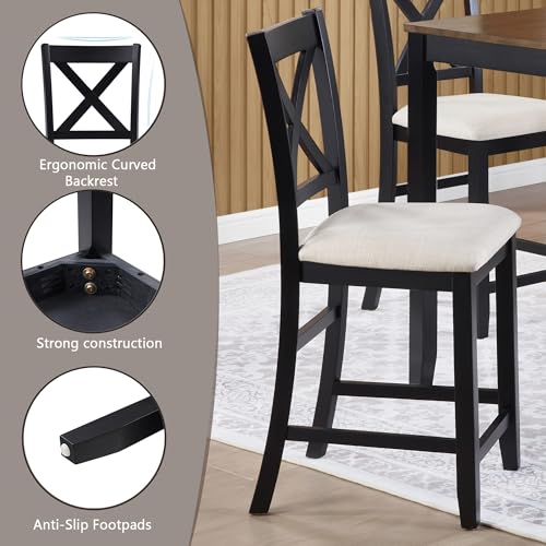 Image of Harper & Bright Designs Counter Height Dining Table Set 5-Piece for 4, Farmhouse Kitchen Table 34.5 inch Square with 4 X-Back Chairs, Black & Oak for Small Space