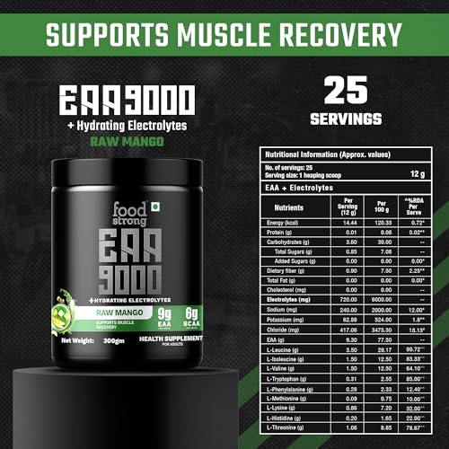 Image of Foodstrong EAA 9000 with Hydrating Electrolytes, Raw Mango Flavour, 9g Essential Amino Acids (EAA) & 6g BCAA Per Serving - Supports Muscle Recovery & Rehydration - 300g, 25 Servings
