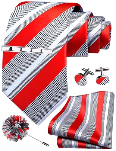 Image of GUSLESON Men's 5-pc Striped Tie Gift Set - Jacquard Necktie, Pocket Square, Cufflinks, Lapel Pin, Tie Clip - Wedding Formal Gifts