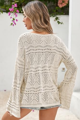 Image of Cakulo Womens Summer Crochet Tops Boho Off Shoulder Sweaters Lightweight V Neck Loose Vacation Resort Wear 2026