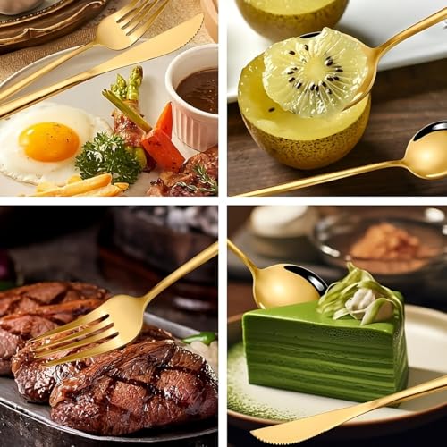 Image of BonZeaL Stainless Steel 24 Pieces Gold Cutlery Set for 6 Person with Stand Mirror Finish Flatware Set for Dining Table Hotel Cafe Bar Restaurant Premium House Warming Gifts for New Home Kitchen