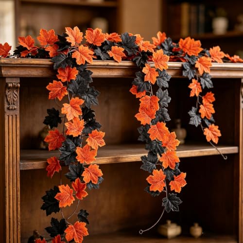 2 Pack 6.5FT Artificial Autumn Halloween Garland with Maple Leaf Decor (Red) - image 4