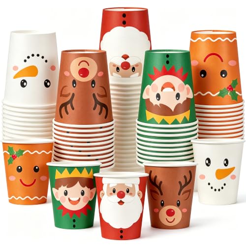 Fairooth 50 PCS Christmas Paper Cups 9 oz Xmas Disposable Coffee Cups Snowman Santa Gingerbread Xmas Party Cup for Hot Cold Beverages Chocolate Cocoa Tea Christmas Holiday Party Drinkware Supplies