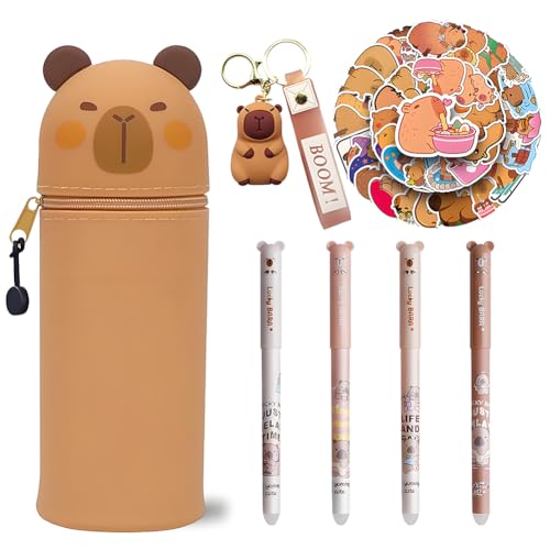CYGMRFH Trousse Capybara avec Stylo à Noyau Noir, Porte-clés, Trousse 2 en 1 en Silicone Extensible, Papeterie Scolaire Kawaii, Cadeau pour Enfant, Fournitures Scolaires et Autocollants(C2)